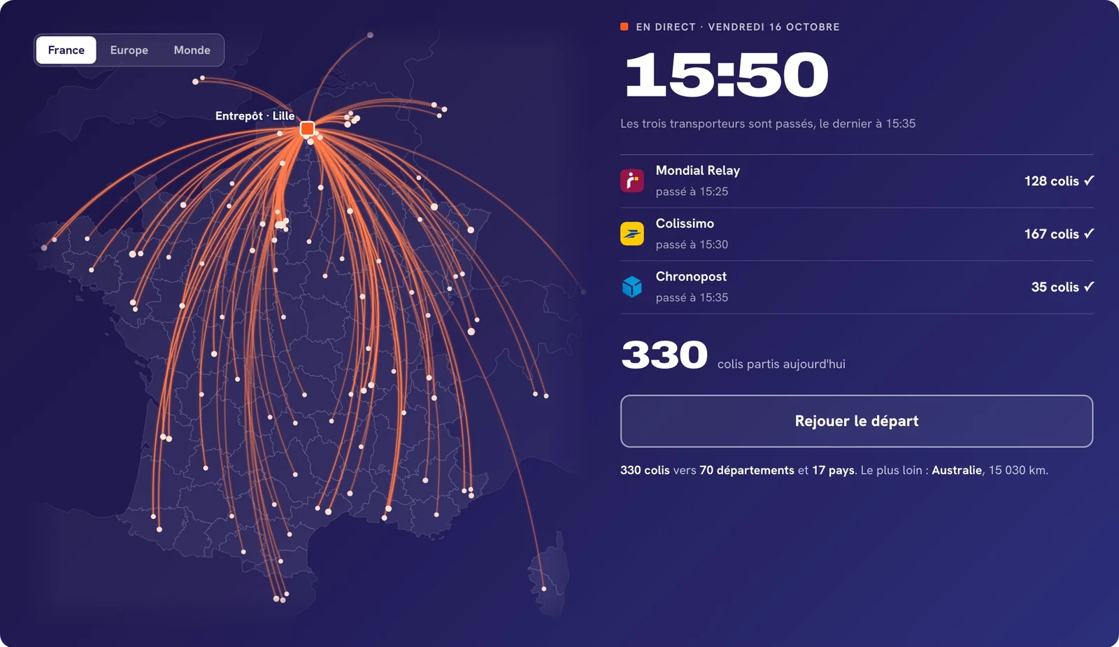 Carte du départ du jour dans le Station Hub : les colis partent de Lille vers leurs destinations