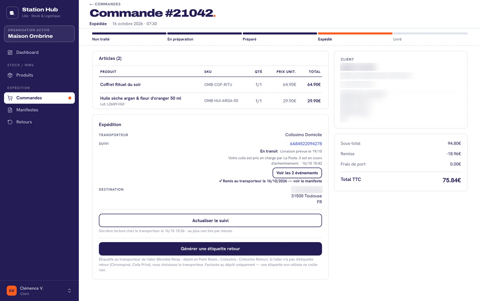 Fiche d'une commande dans le Station Hub : étapes de la commande, articles, transporteur et suivi
