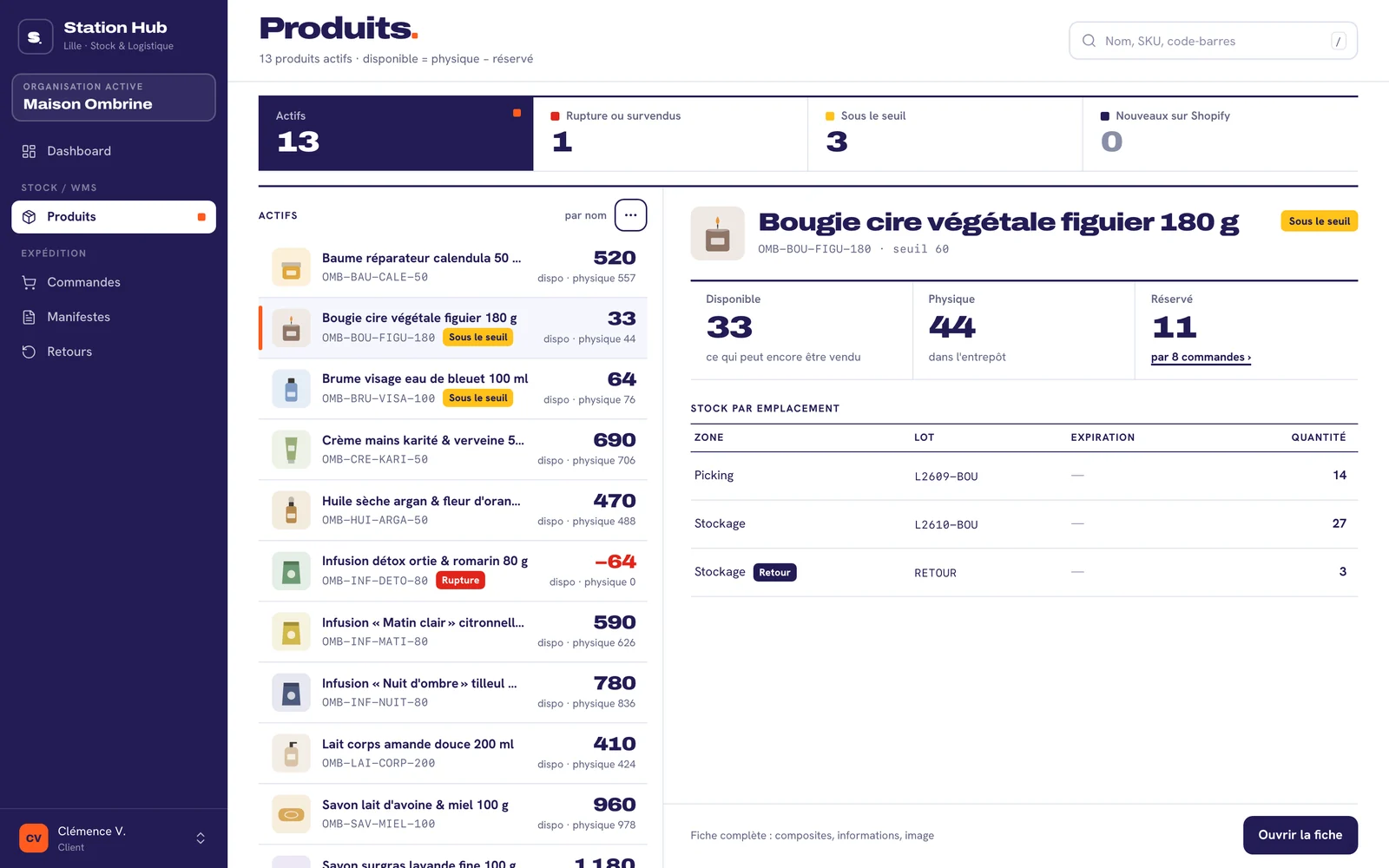 Stock d'un produit dans le Station Hub : disponible, physique, réservé, détail par zone et par lot