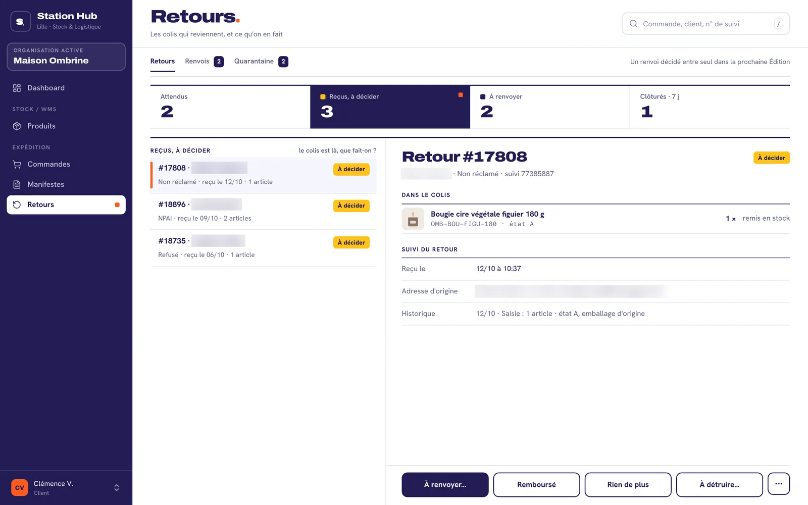 Retours dans le Station Hub : retours reçus à décider, contenu du colis et suivi